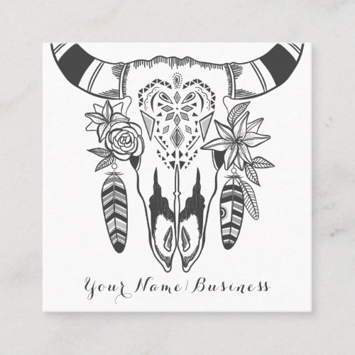 Boho Cow Skull Grey and White Bohemian Square Business Card