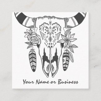 Boho Cow Skull Grey and White Bohemian  Square Business Card