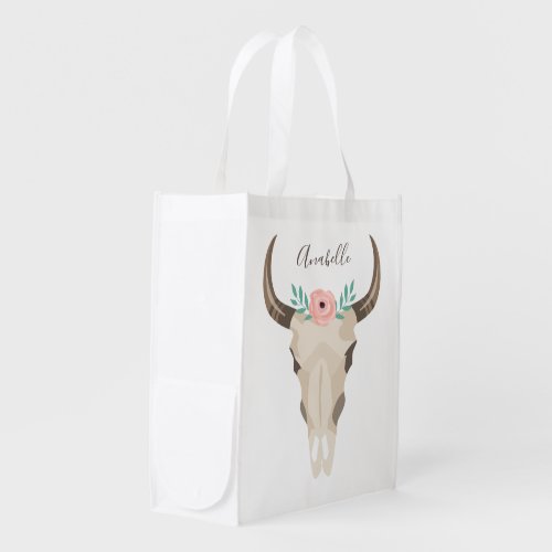 Boho Cow Skull Personalized Grocery Bag