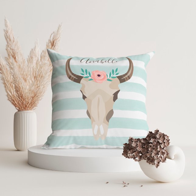 Boho Cow Skull Throw Pillow (Creator Uploaded)