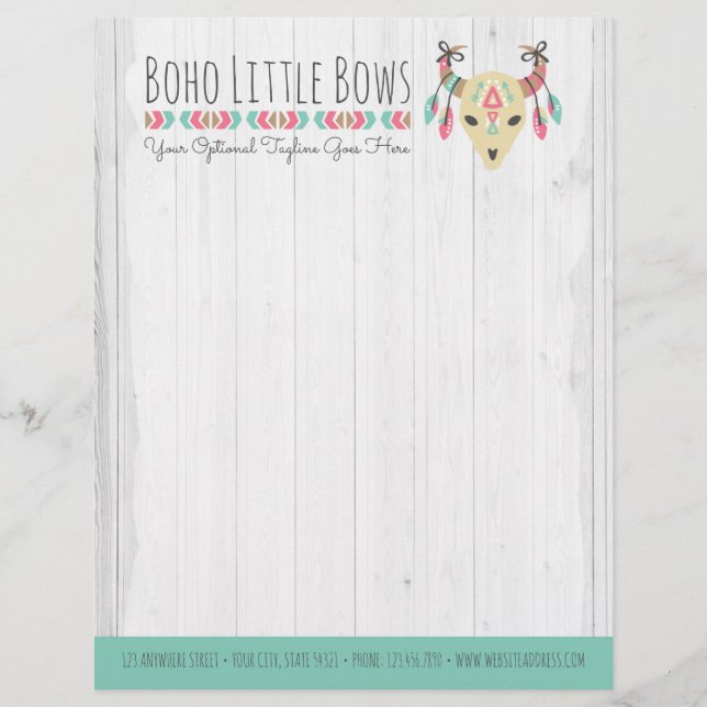 Boho Cow Skull With Bows Cute & Rustic Boutique Letterhead (Front)