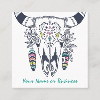 Boho Cow Skull with Turquoise Bohemian Square Business Card