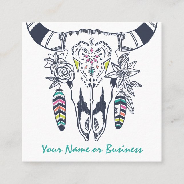 Boho Cow Skull with Turquoise Bohemian Square Business Card (Front)
