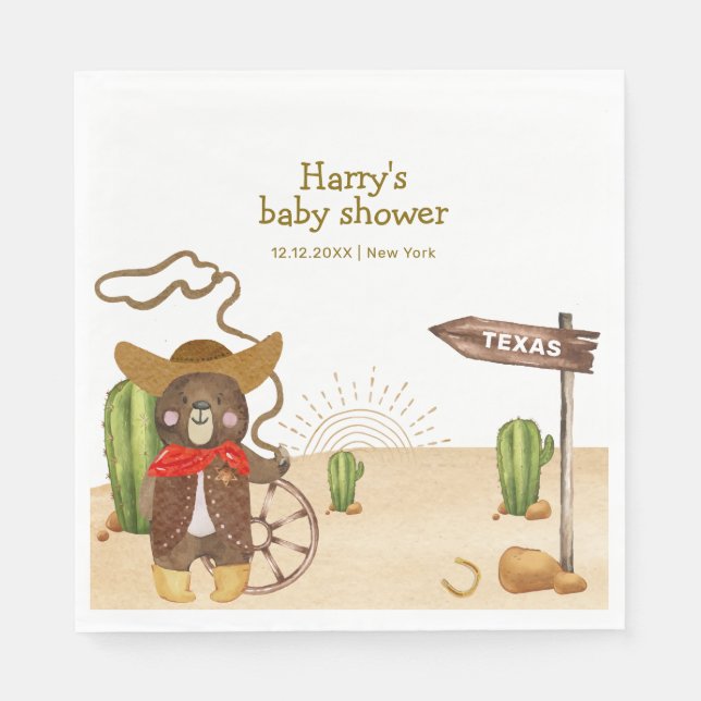 Boho Cowboy Bear Western Rodeo Cactus Baby Shower  Napkins (Front)