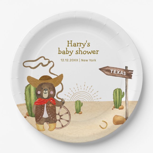 Boho Cowboy Bear Western Rodeo Cactus Baby Shower  Paper Plates (Front)