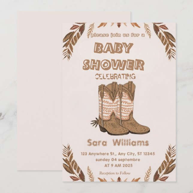 Boho Cowboy Boots baby shower invitation (Front/Back)