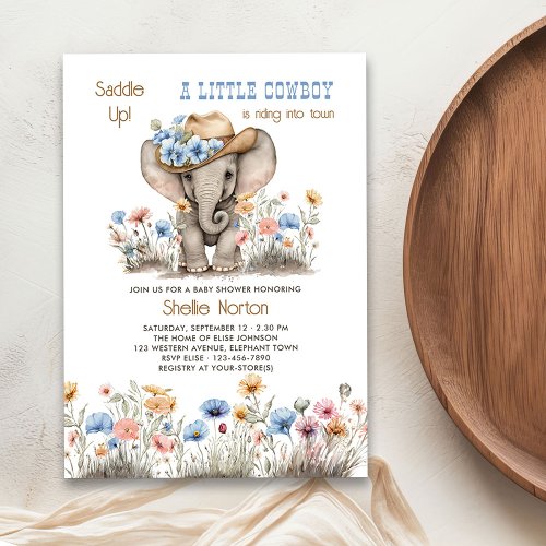 Boho Cowboy Elephant with Wildflowers Baby Shower Invitation