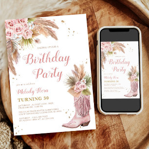 Boho Cowgirl Boot Pampas Grass Roses 30th Birthday Invitation