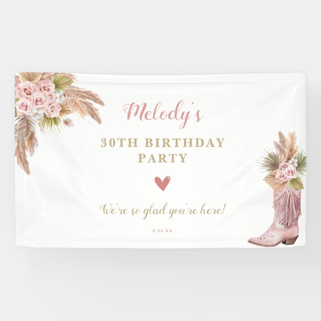 Boho Cowgirl Boot Pampas Grass Roses Banner (Horizontal)