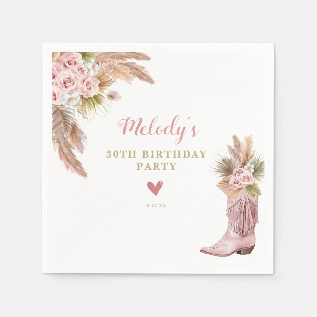 Boho Cowgirl Boot Pampas Grass Roses Birthday Napkins (Front)