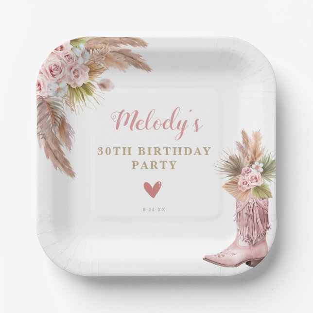Boho Cowgirl Boot Pampas Grass Roses Birthday Paper Plates (Front)