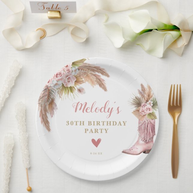 Boho Cowgirl Boot Pampas Grass Roses Birthday Paper Plates (Wedding)