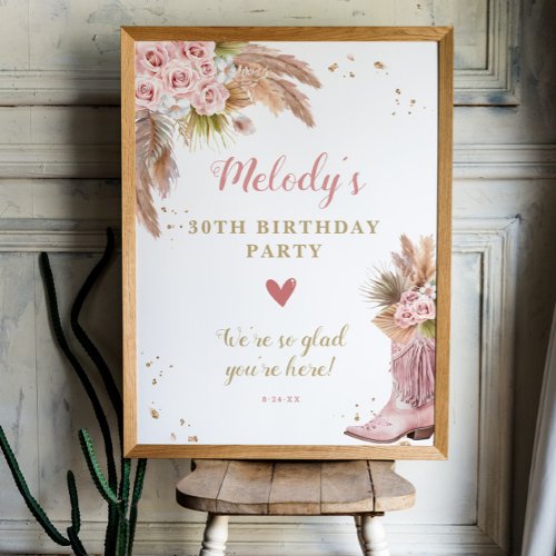 Boho Cowgirl Boot Pampas Grass Roses Welcome Poster