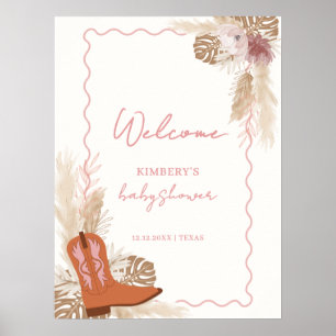 Boho Cowgirl Boots Pampas Baby Shower Welcome Poster