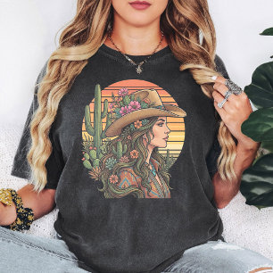 Boho Cowgirl Desert Sunset Cactus Flowers T-Shirt
