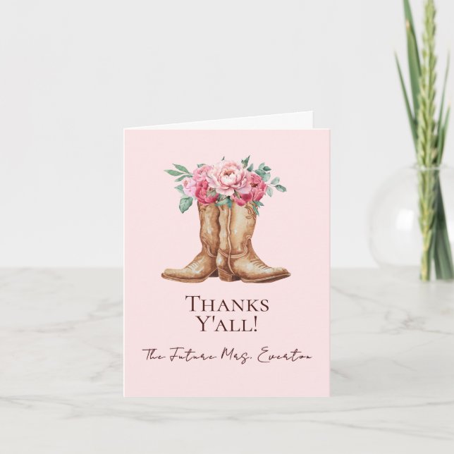 Boho Cowgirl Rustic Pink Floral Bridal Thank You Card (Front)