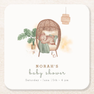 Boho Cozy Teddy Bear Sleep Baby Shower Square Paper Coaster