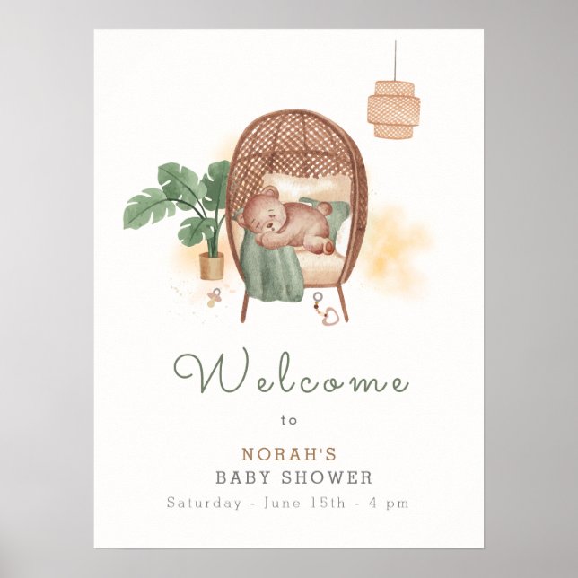 Boho Cozy Teddy Bear Sleep Baby Shower Welcome Poster (Front)