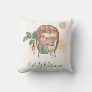 Boho Cozy Teddy Bear Sleep Monogram Nursery Throw Pillow