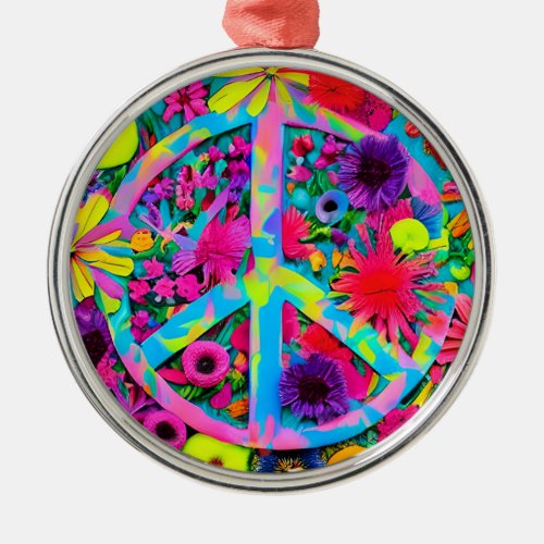 Boho Crafted Flowers Peace Sign Hippie Style Metal Ornament