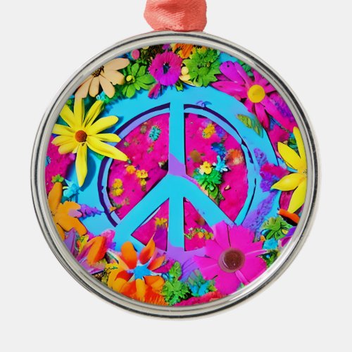 Boho Crafted Flowers Peace Sign Hippie Style Metal Ornament