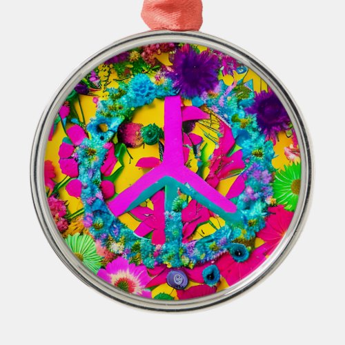Boho Crafted Flowers Peace Sign Hippie Style Metal Ornament