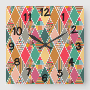 Boho Crazy Quilt Square Wall Clock