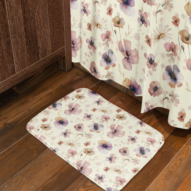 Boho Cream Blush Watercolor Wildflower Bath Mat (Creator Uploaded)