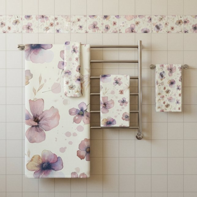 Boho Cream Blush Watercolor Wildflower Bath Towel Set (Creator Uploaded)