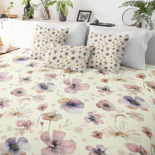Boho Cream Blush Watercolor Wildflower Duvet Cover