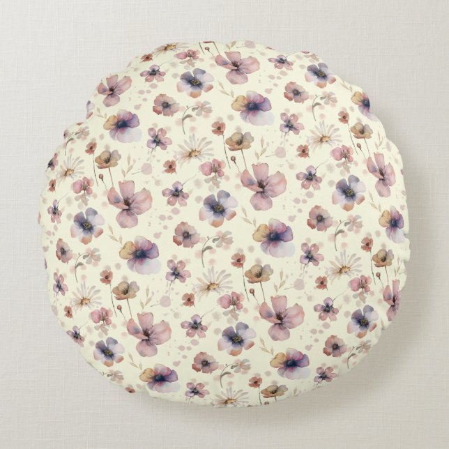 Boho Cream Blush Watercolor Wildflower Round Pillow (Front)