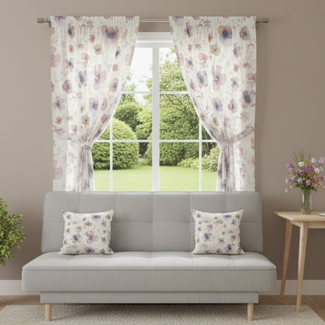 Boho Cream Blush Watercolor Wildflower Sheer Curtains (Creator Uploaded)