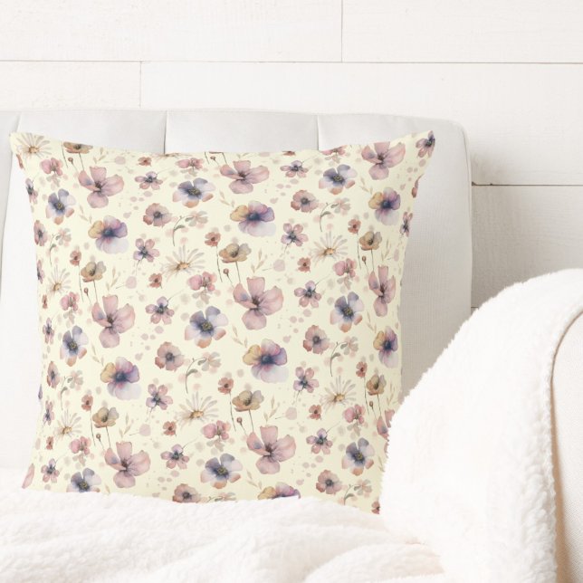 Boho Cream Blush Watercolor Wildflower Throw Pillow (Creator Uploaded)