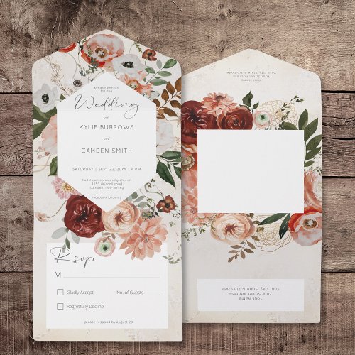 Boho Cream Burgundy Fall Floral No Dinner All In One Invitation