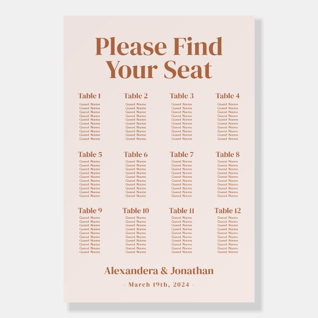Boho Cream Burnt Orange Wedding Seating Chart Foam Board (Front)