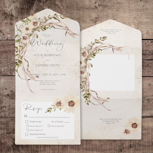 Boho Cream Daisies  Dried Grass Dinner All In One Invitation