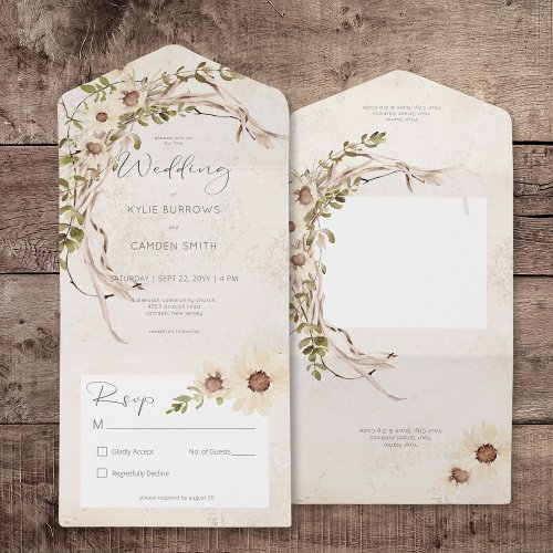 Boho Cream Daisies  Dried Grass No Dinner All In One Invitation
