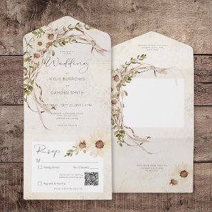 Boho Cream Daisies & Dried Grass QR Code All In One Invitation