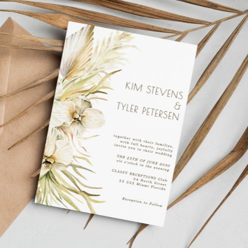 Boho cream floral botanical pampas grass wedding invitation