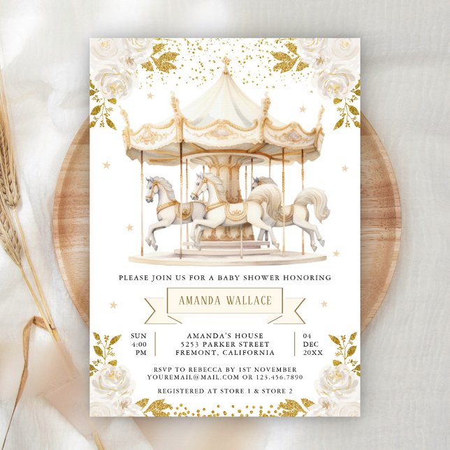 Boho Cream Gold Floral Carousel Baby Shower Invitation (Creator Uploaded)