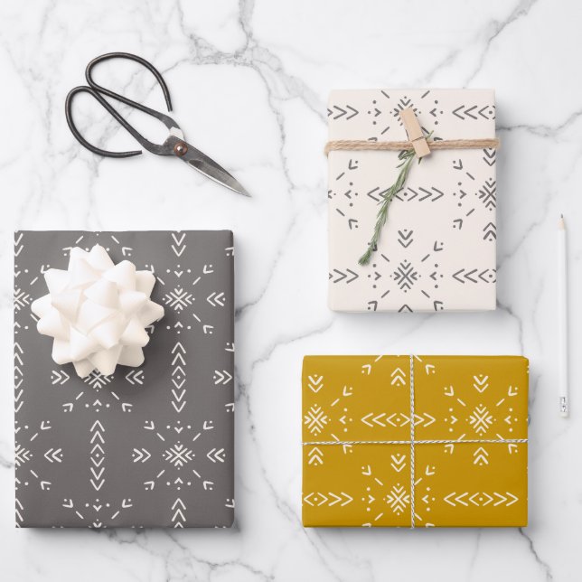 Boho cream, gray and yellow design wrapping paper sheets (Front)