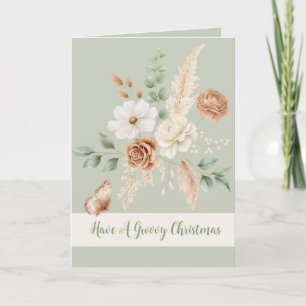 Boho Cream Green Floral Butterfly Christmas Card