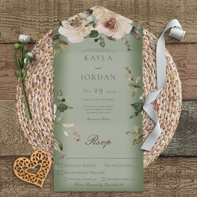 Boho Cream Roses Sage Green Dinner All In One Invitation (Creator Uploaded)