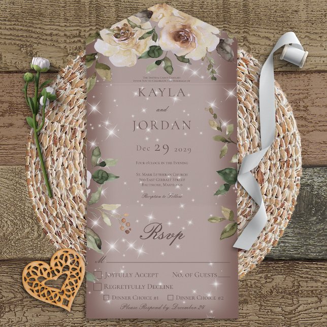 Boho Cream Roses Sparkle Brown All In One Invitation (Creator Uploaded)
