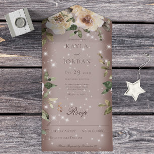 Boho Cream Roses Sparkle Brown No Dinner All In One Invitation