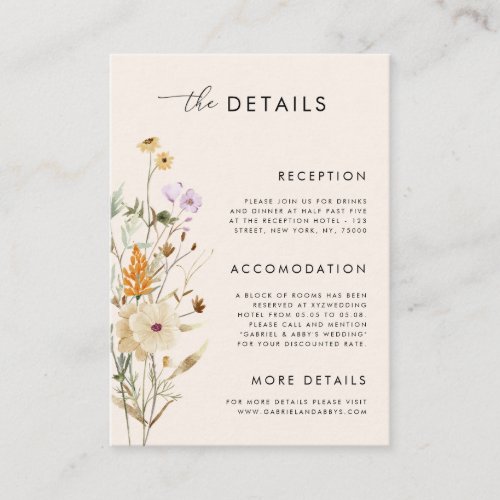 Boho Cream Rustic Wildflowers Wedding Details Enclosure Card