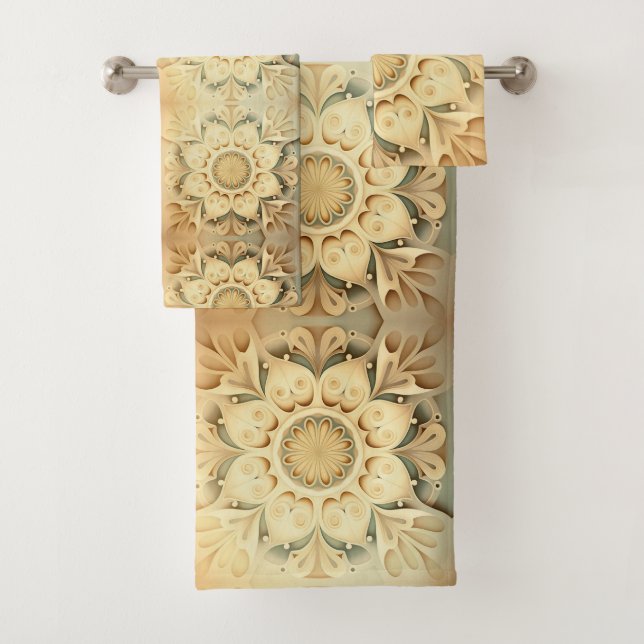 Boho Cream Swirl Hearts Design Towel Set (Insitu)