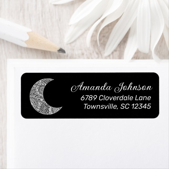 Boho Crescent Moon Black Return Address Label (Insitu)