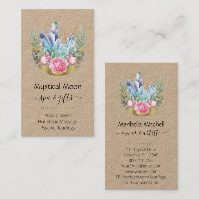 Boho Crescent Moon Crystal Cluster Pink Roses Chic Business Card (Front/Back)