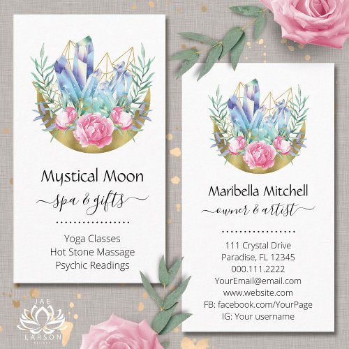 Boho Crescent Moon Crystal Cluster Pink Roses Chic Business Card